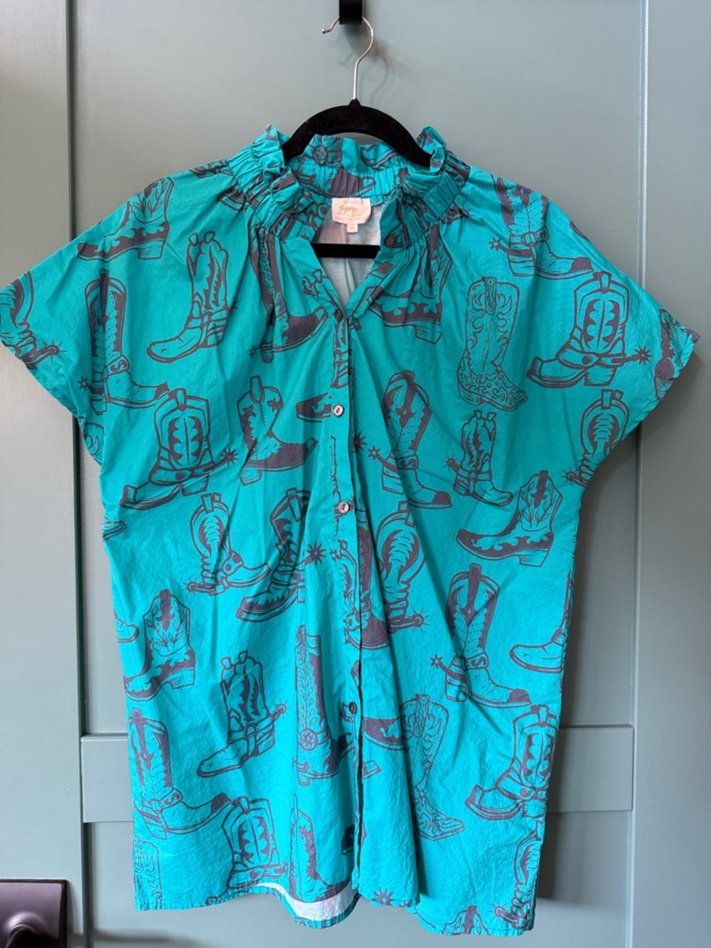 Turquoise Cowboy Boot Print Short-Sleeve Shirt